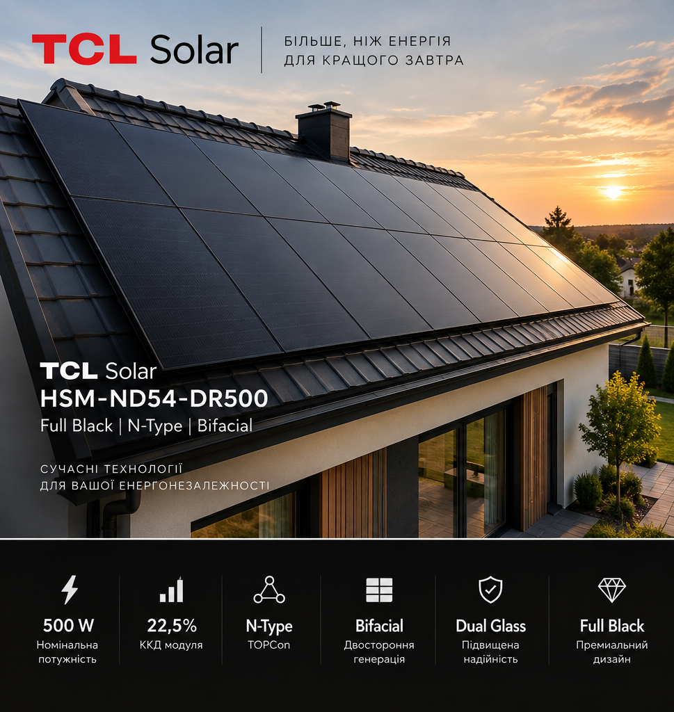 Крупний план чорного фотомодуля з написом TCL Solar